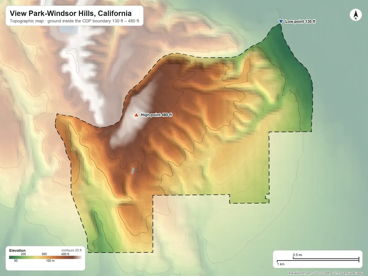 Topographic elevation map of View Park-Windsor Hills, California, shaded from 130 ft on the northeast side to 480 ft on the west side