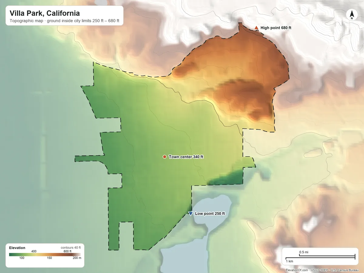 Topographic elevation map of Villa Park, California, shaded from 250 ft on the southeast side to 680 ft at the foot of the Peralta Hills