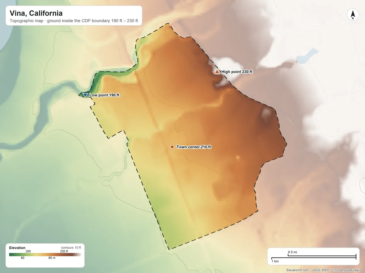 Topographic elevation map of Vina, California, shaded from 190 ft on the northwest side to 230 ft on the northeast side