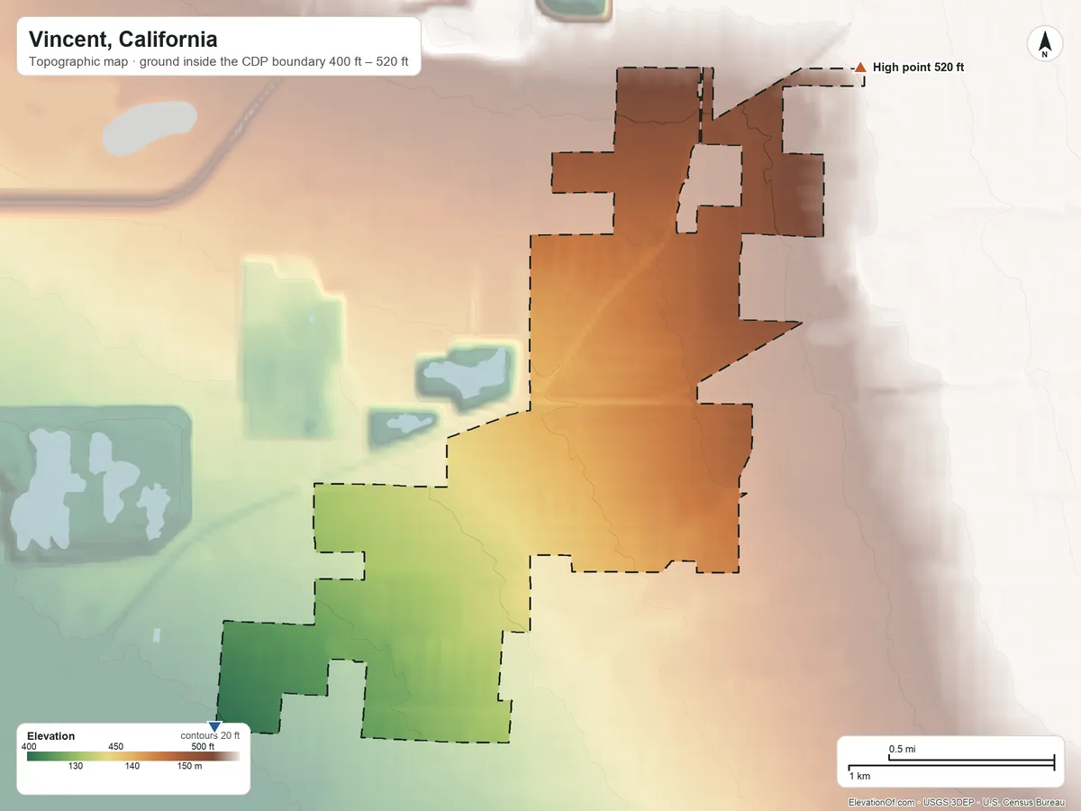 Topographic elevation map of Vincent, California, shaded from 400 ft on the southwest side to 520 ft on the northeast side