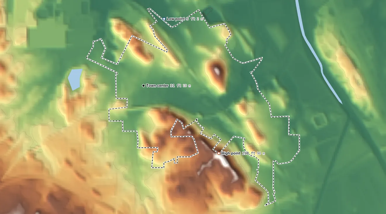 Topographic elevation map of Vine Hill, California, shaded from 5 ft on the north side to 290 ft on the southeast side