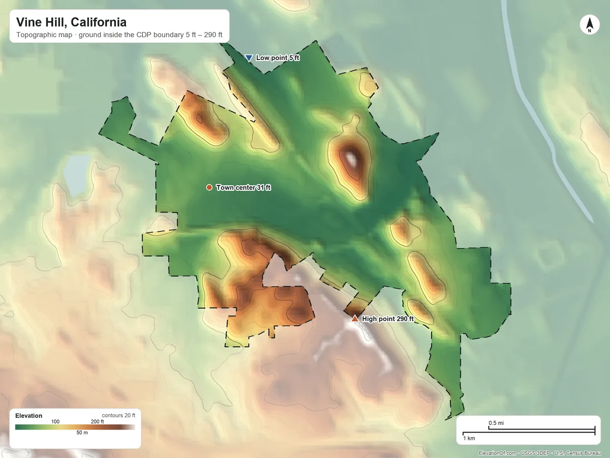 Topographic elevation map of Vine Hill, California, shaded from 5 ft on the north side to 290 ft on the southeast side