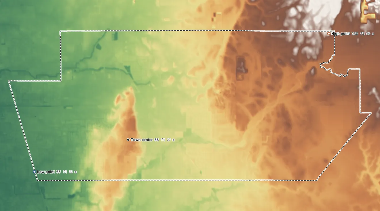 Topographic elevation map of Vineyard, California, shaded from 35 ft on the west side to 130 ft on the northeast side