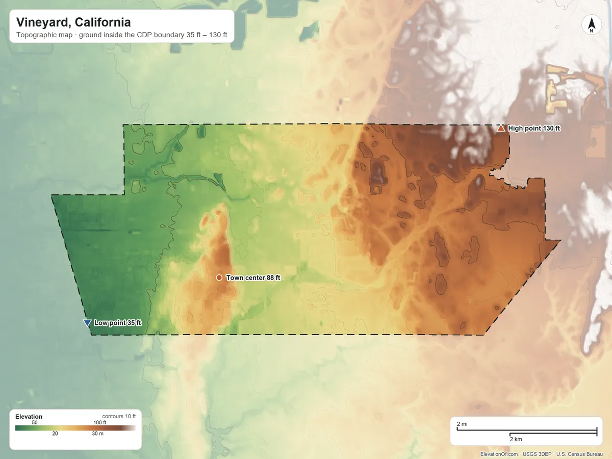 Topographic elevation map of Vineyard, California, shaded from 35 ft on the west side to 130 ft on the northeast side