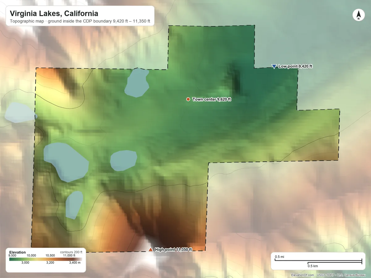 Topographic elevation map of Virginia Lakes, California, shaded from 9,420 ft on the east side to 11,350 ft on the south edge, below higher ground just outside