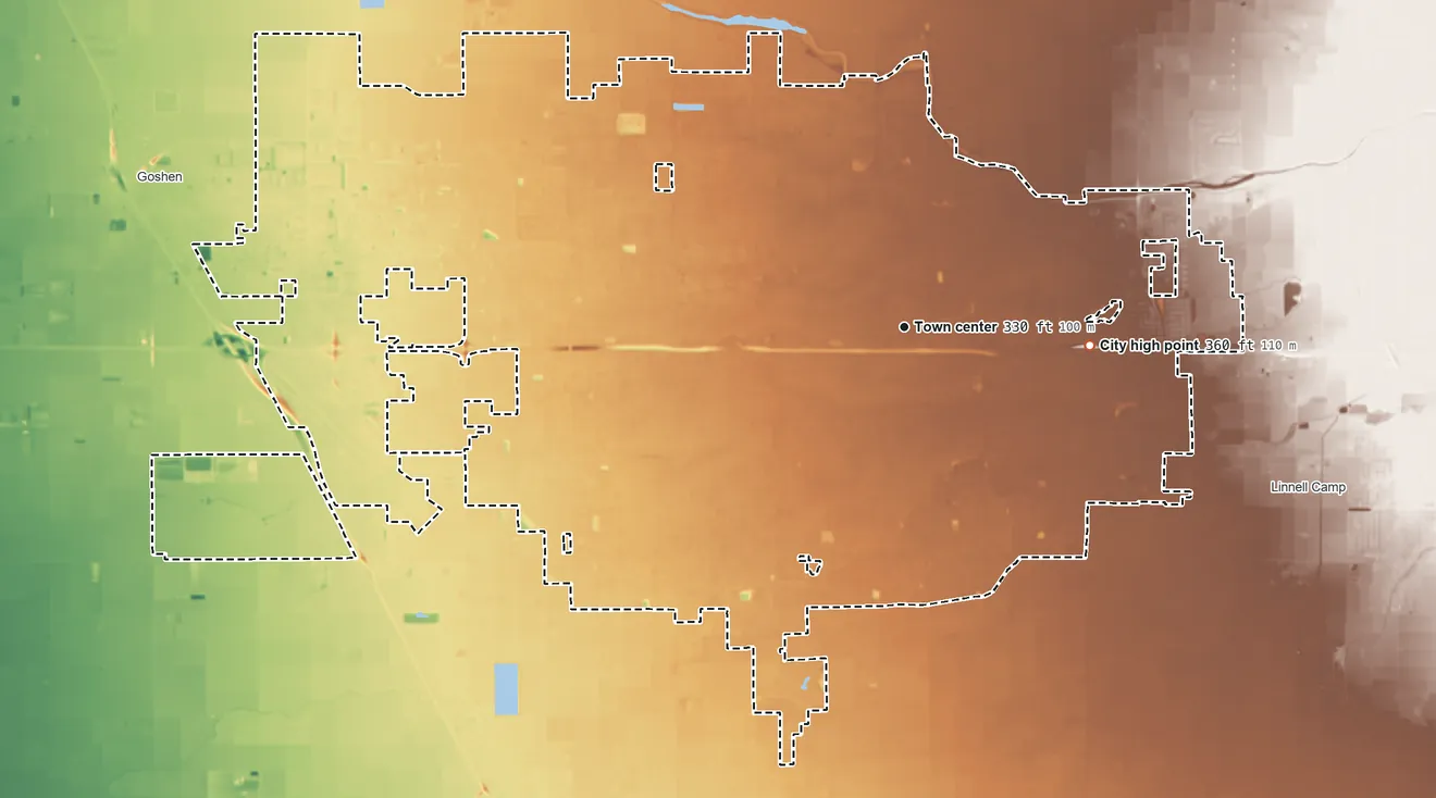 Topographic elevation map of Visalia, California, shaded from 250 ft on the west side to 360 ft on the east side