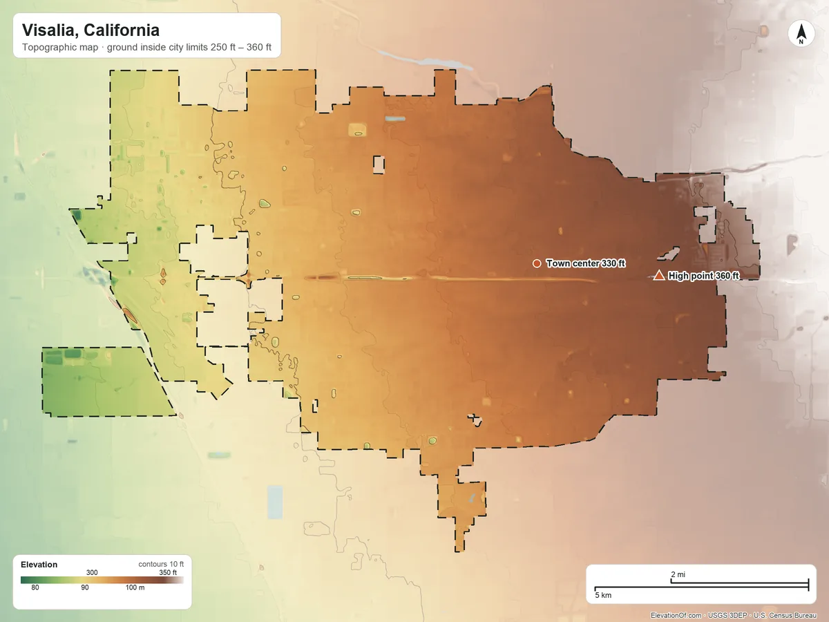 Topographic elevation map of Visalia, California, shaded from 250 ft on the west side to 360 ft on the east side