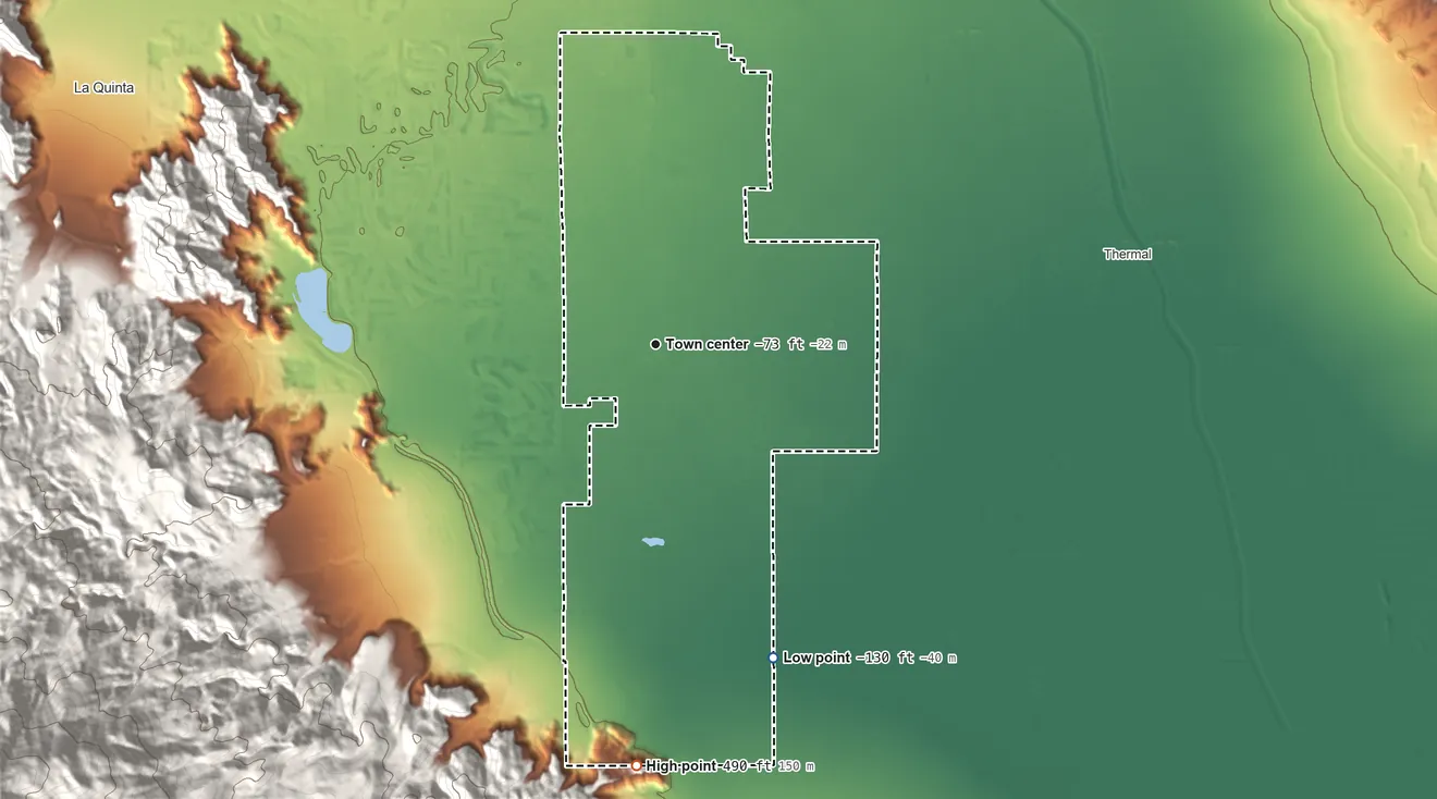 Topographic elevation map of Vista Santa Rosa, California, shaded from −130 ft on the south side to 490 ft at the foot of the Santa Rosa Mountains