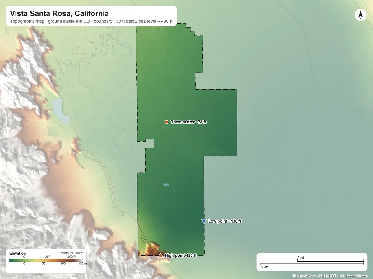 Topographic elevation map of Vista Santa Rosa, California, shaded from −130 ft on the south side to 490 ft at the foot of the Santa Rosa Mountains
