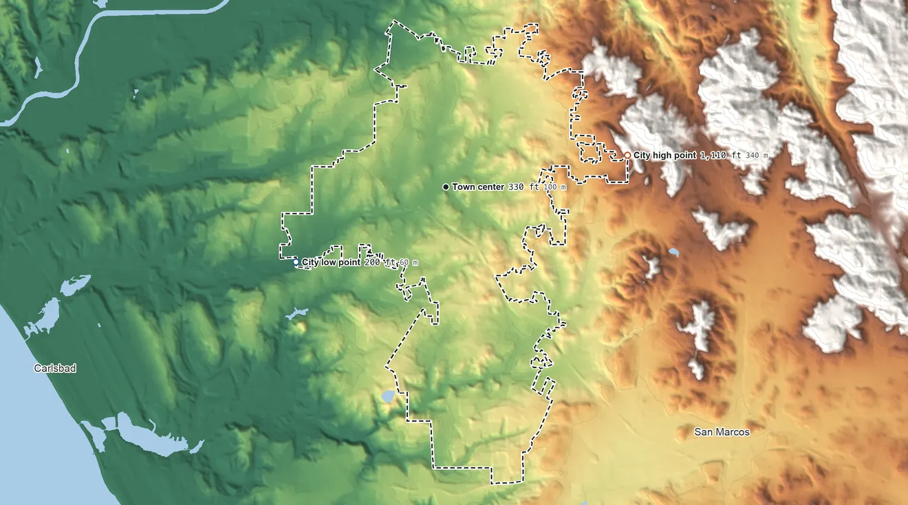 Topographic elevation map of Vista, California, shaded from 200 ft on the southwest side to 1,110 ft at the foot of the San Marcos Mountains