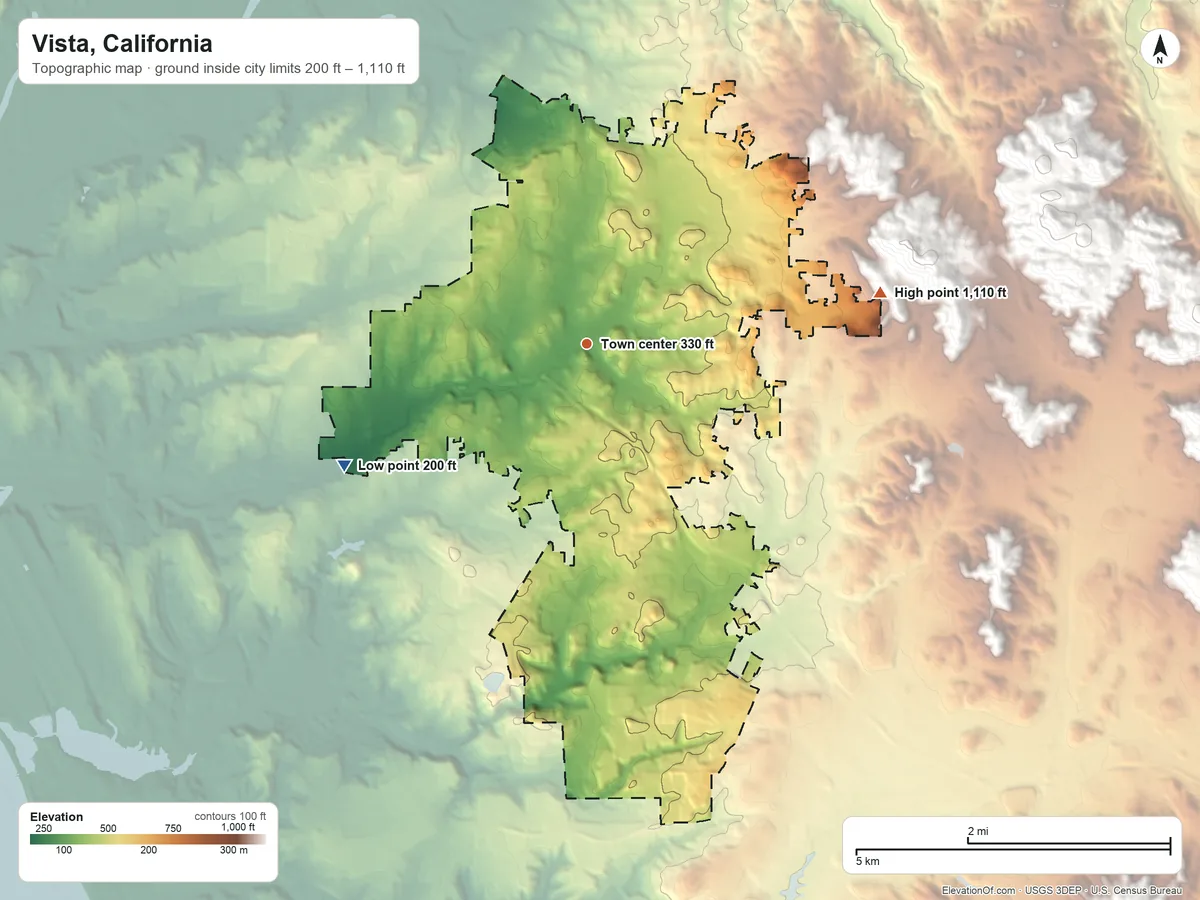 Topographic elevation map of Vista, California, shaded from 200 ft on the southwest side to 1,110 ft at the foot of the San Marcos Mountains