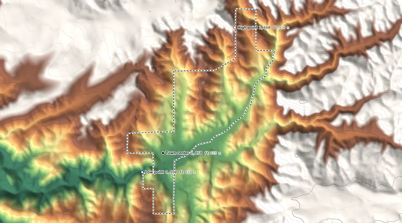 Topographic elevation map of Volcano, California, shaded from 1,990 ft on the southwest side to 2,660 ft on the northeast edge, below higher ground just outside