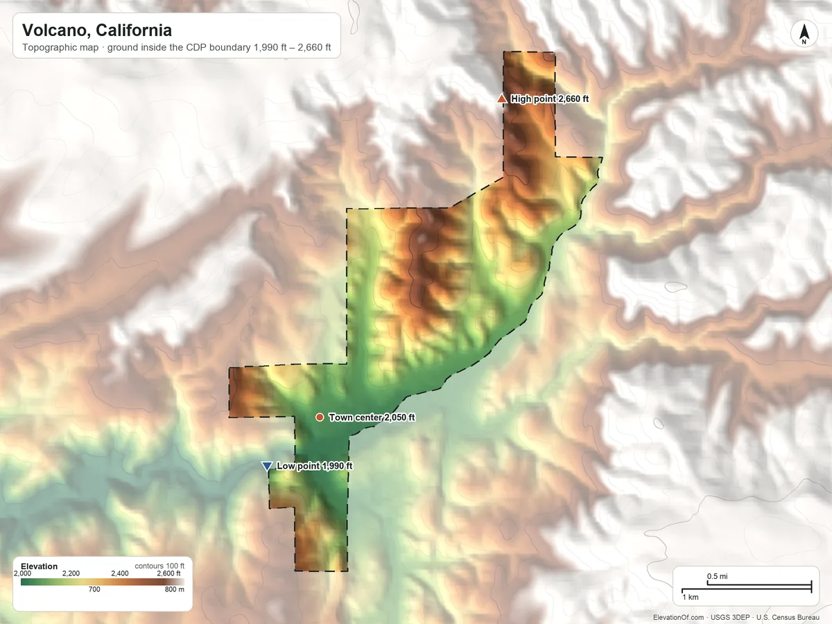 Topographic elevation map of Volcano, California, shaded from 1,990 ft on the southwest side to 2,660 ft on the northeast edge, below higher ground just outside