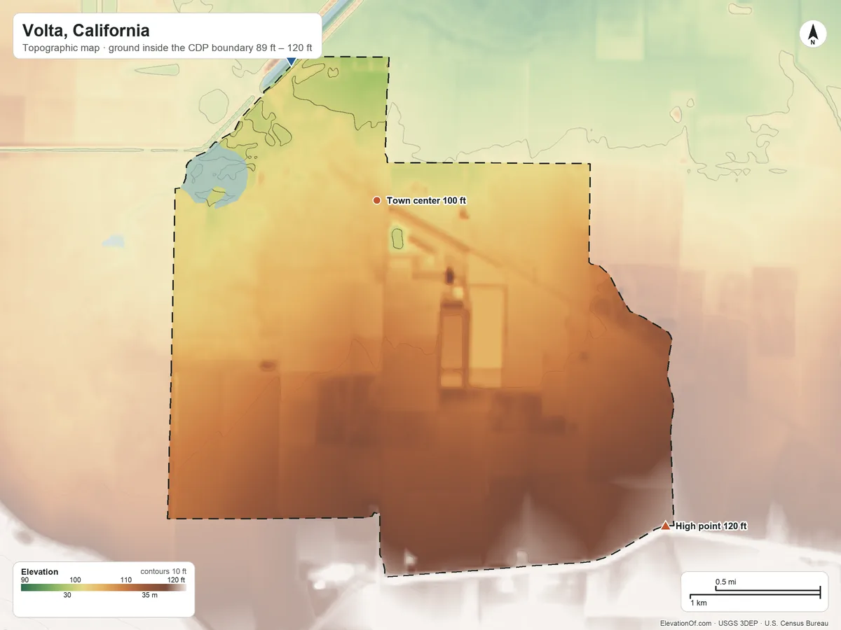 Topographic elevation map of Volta, California, shaded from 89 ft on the northwest side to 120 ft on the southeast side