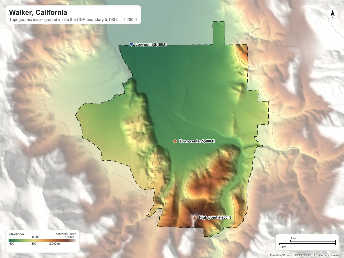 Topographic elevation map of Walker, California, shaded from 5,190 ft on the northwest side to 7,200 ft at the foot of the Sweetwater Mountains