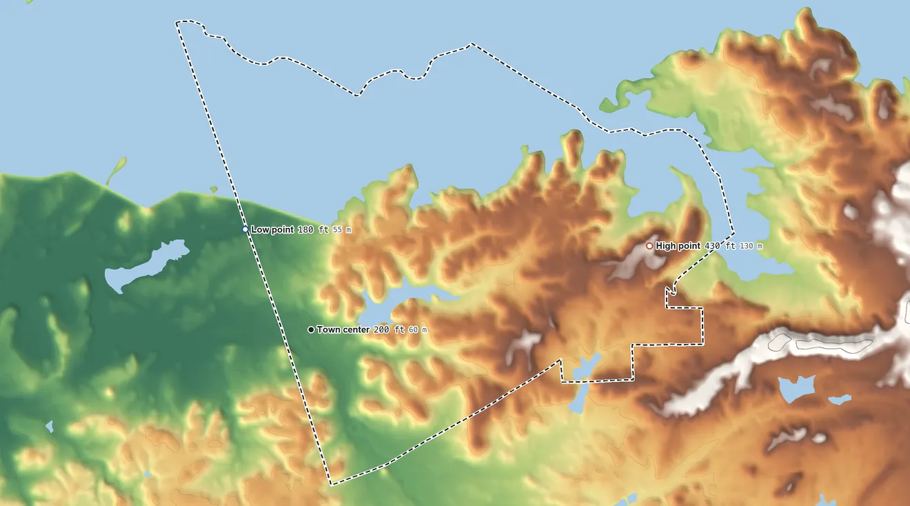 Topographic elevation map of Wallace, California, shaded from 180 ft on the northwest side to 430 ft on the east side
