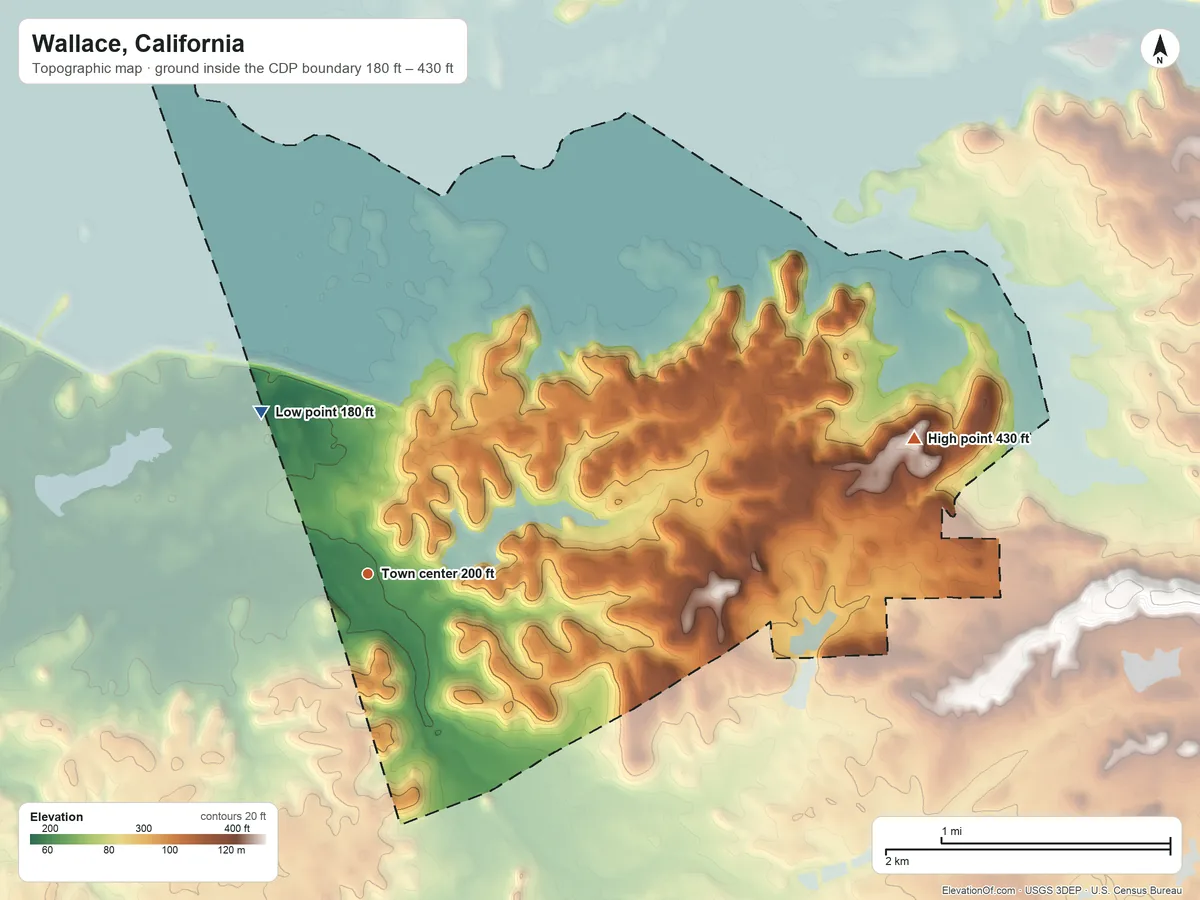 Topographic elevation map of Wallace, California, shaded from 180 ft on the northwest side to 430 ft on the east side