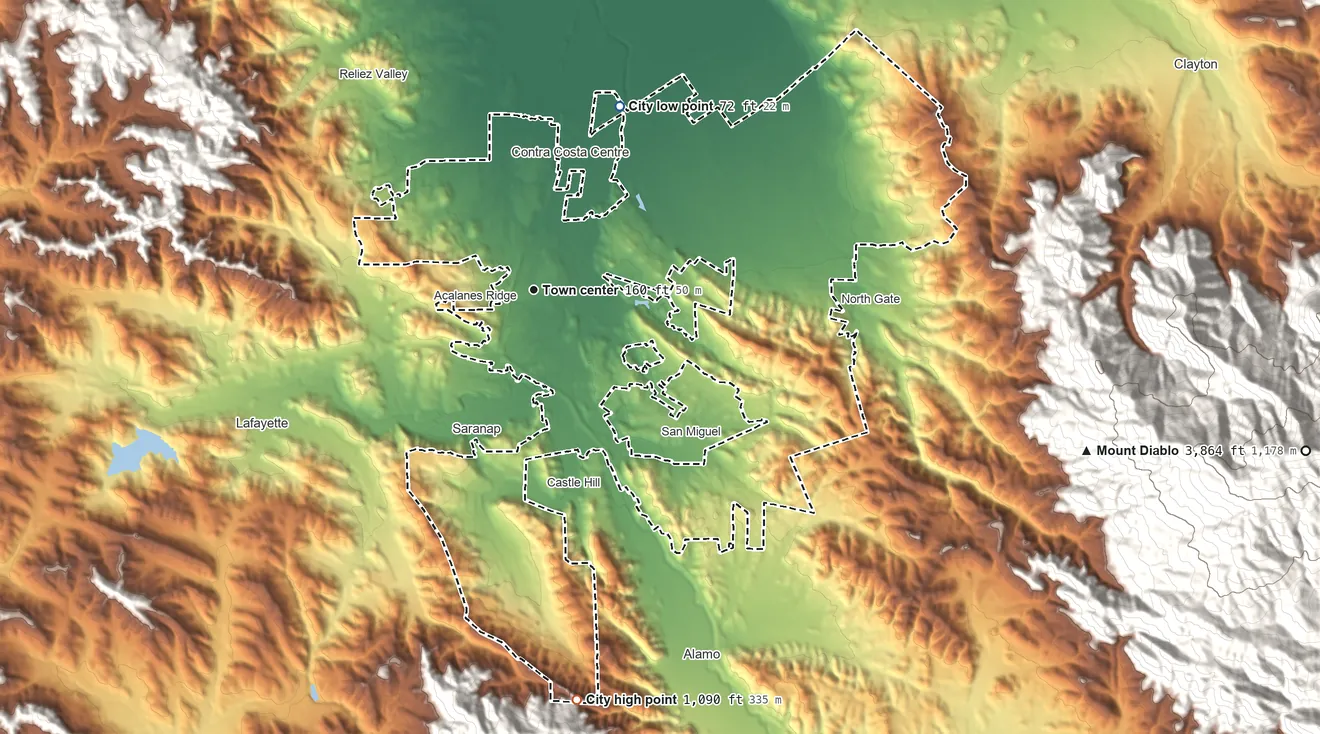 Topographic elevation map of Walnut Creek, California, shaded from 72 ft on the northeast side to 1,090 ft at the foot of the San Leandro Hills