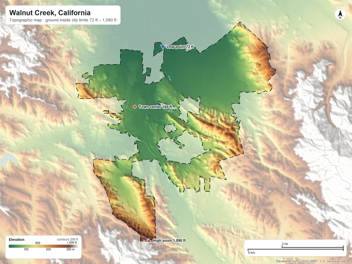 Topographic elevation map of Walnut Creek, California, shaded from 72 ft on the northeast side to 1,090 ft at the foot of the San Leandro Hills