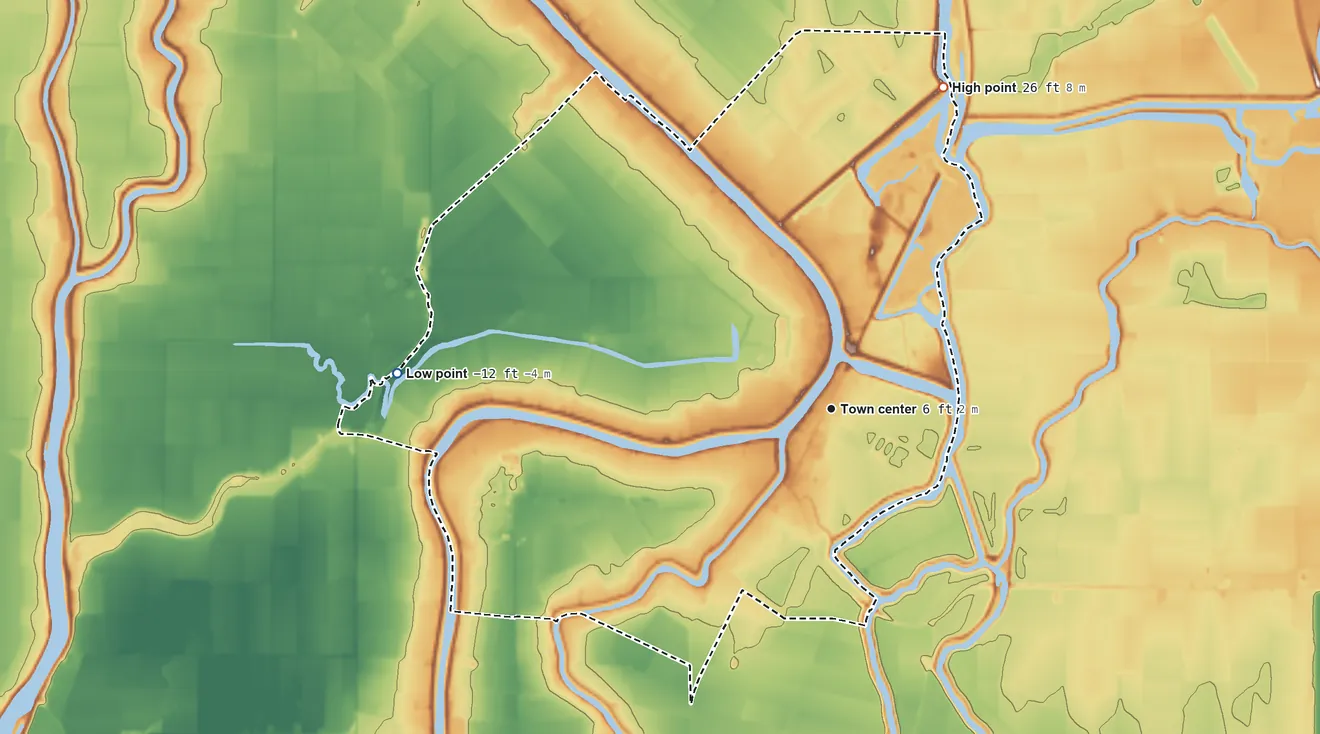 Topographic elevation map of Walnut Grove, California, shaded from −12 ft on the west side to 26 ft on the north side