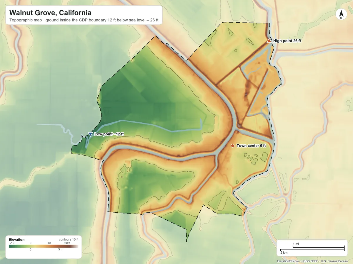 Topographic elevation map of Walnut Grove, California, shaded from −12 ft on the west side to 26 ft on the north side