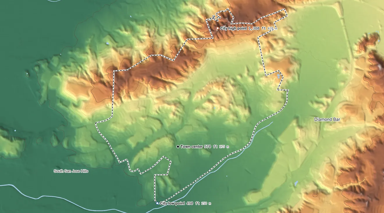 Topographic elevation map of Walnut, California, shaded from 490 ft on the south side to 1,378 ft on Buzzard Peak
