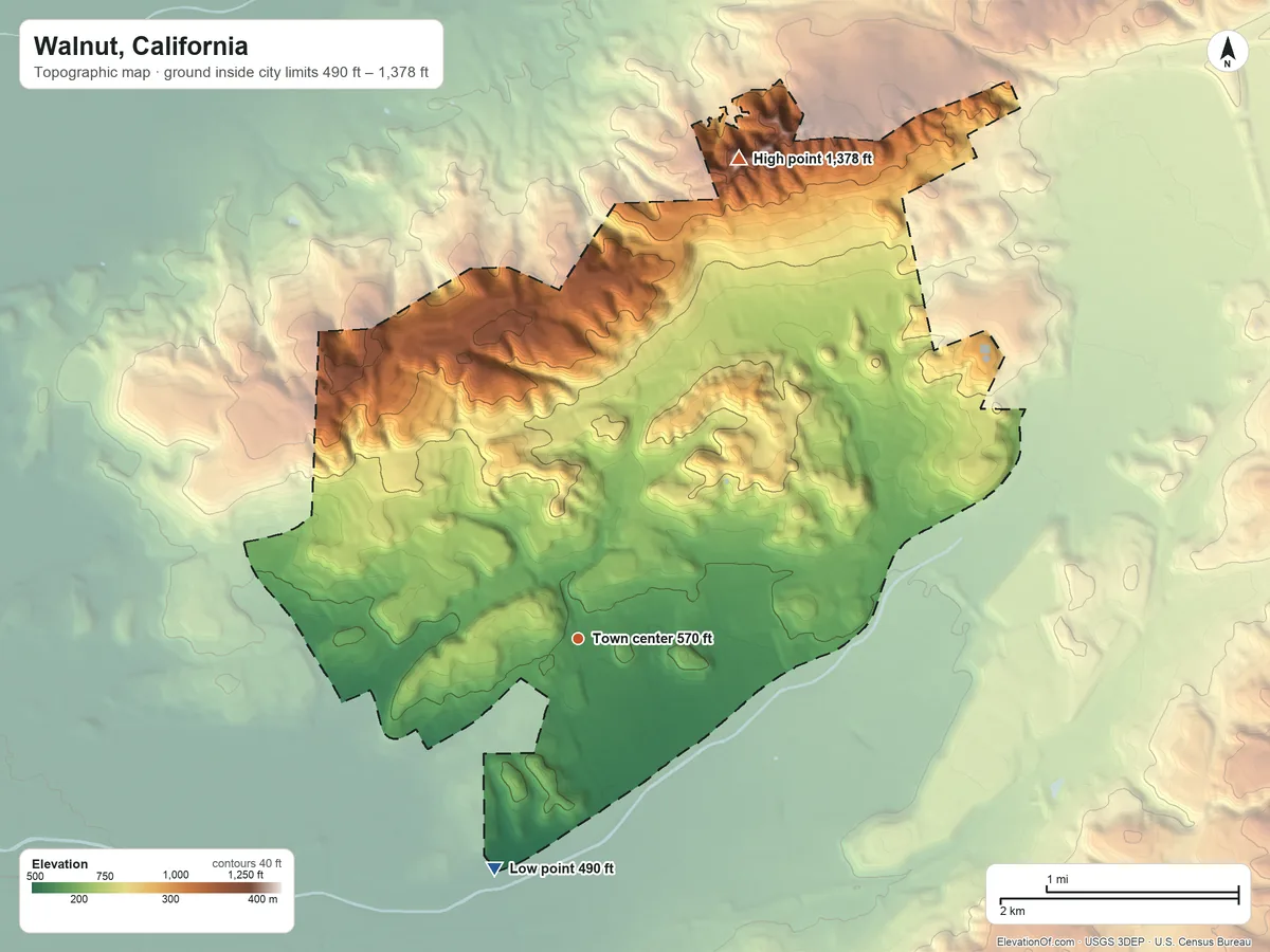 Topographic elevation map of Walnut, California, shaded from 490 ft on the south side to 1,378 ft on Buzzard Peak
