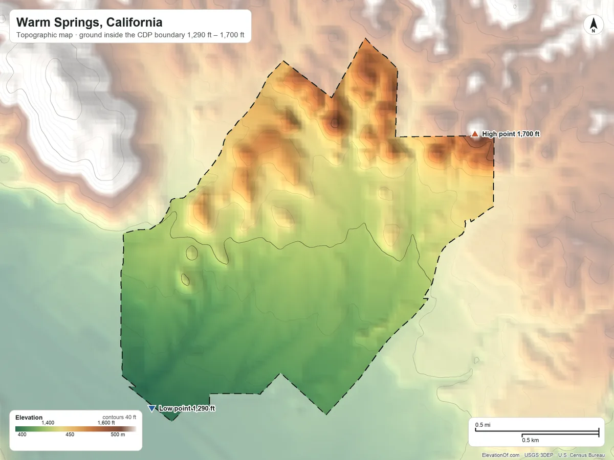Topographic elevation map of Warm Springs, California, shaded from 1,290 ft on the southwest side to 1,700 ft at the foot of the Menifee Hills
