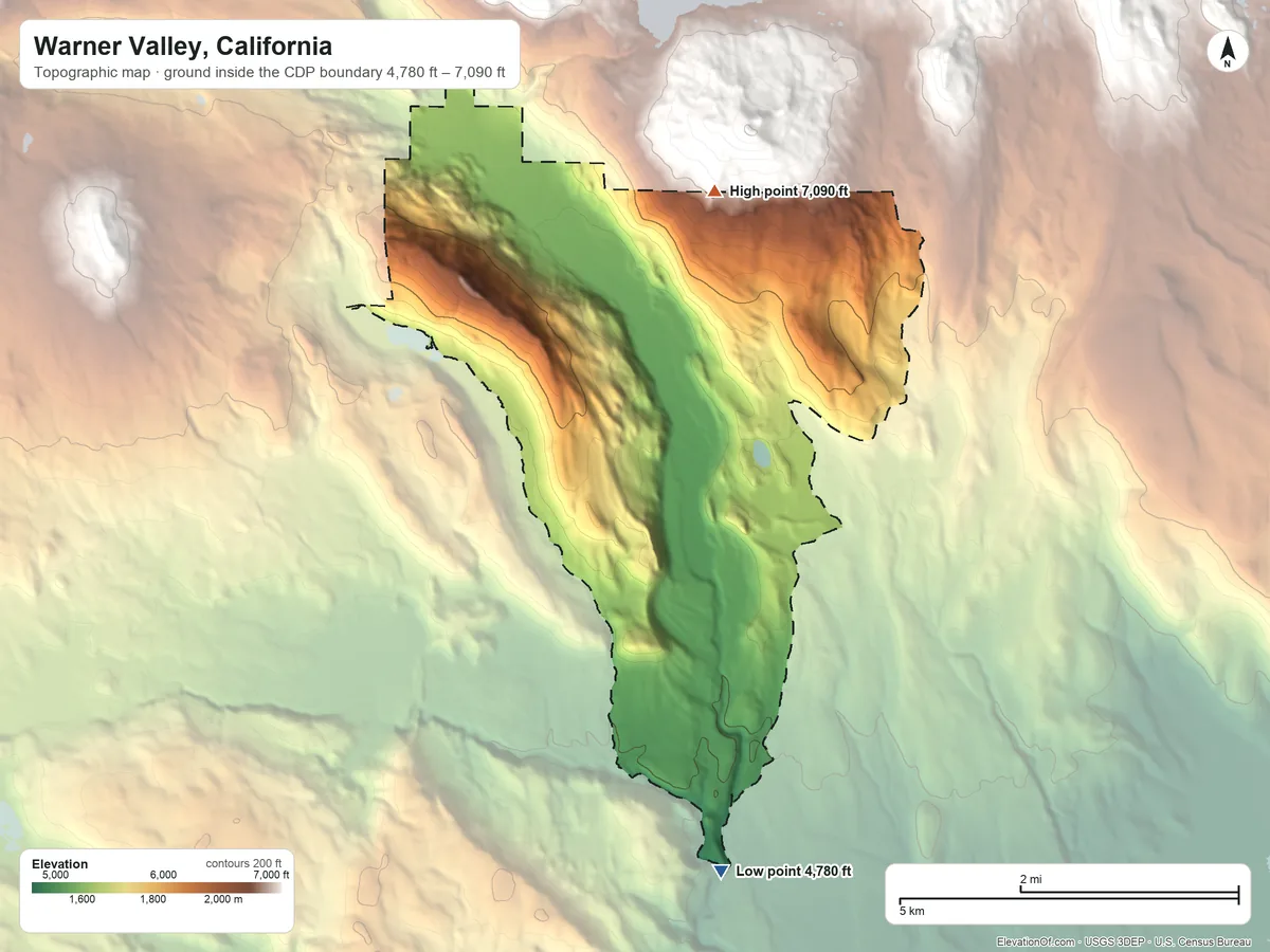 Topographic elevation map of Warner Valley, California, shaded from 4,780 ft on the south side to 7,090 ft on the north edge, below higher ground just outside
