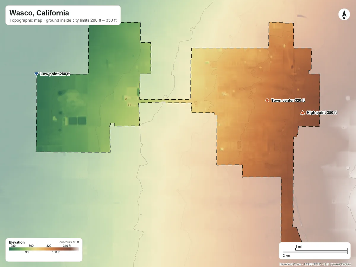 Topographic elevation map of Wasco, California, shaded from 280 ft on the west side to 350 ft on the east side