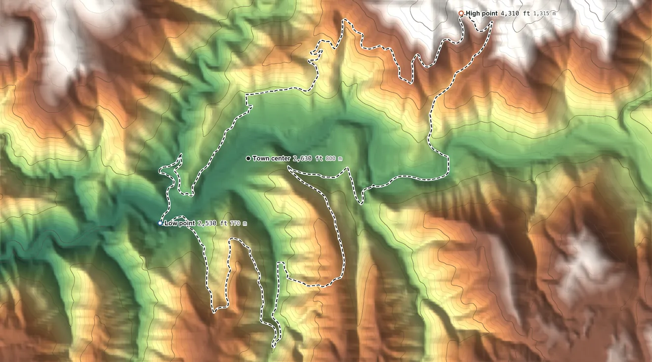 Topographic elevation map of Washington, California, shaded from 2,530 ft on the southwest side to 4,310 ft on the northeast edge, below higher ground just outside