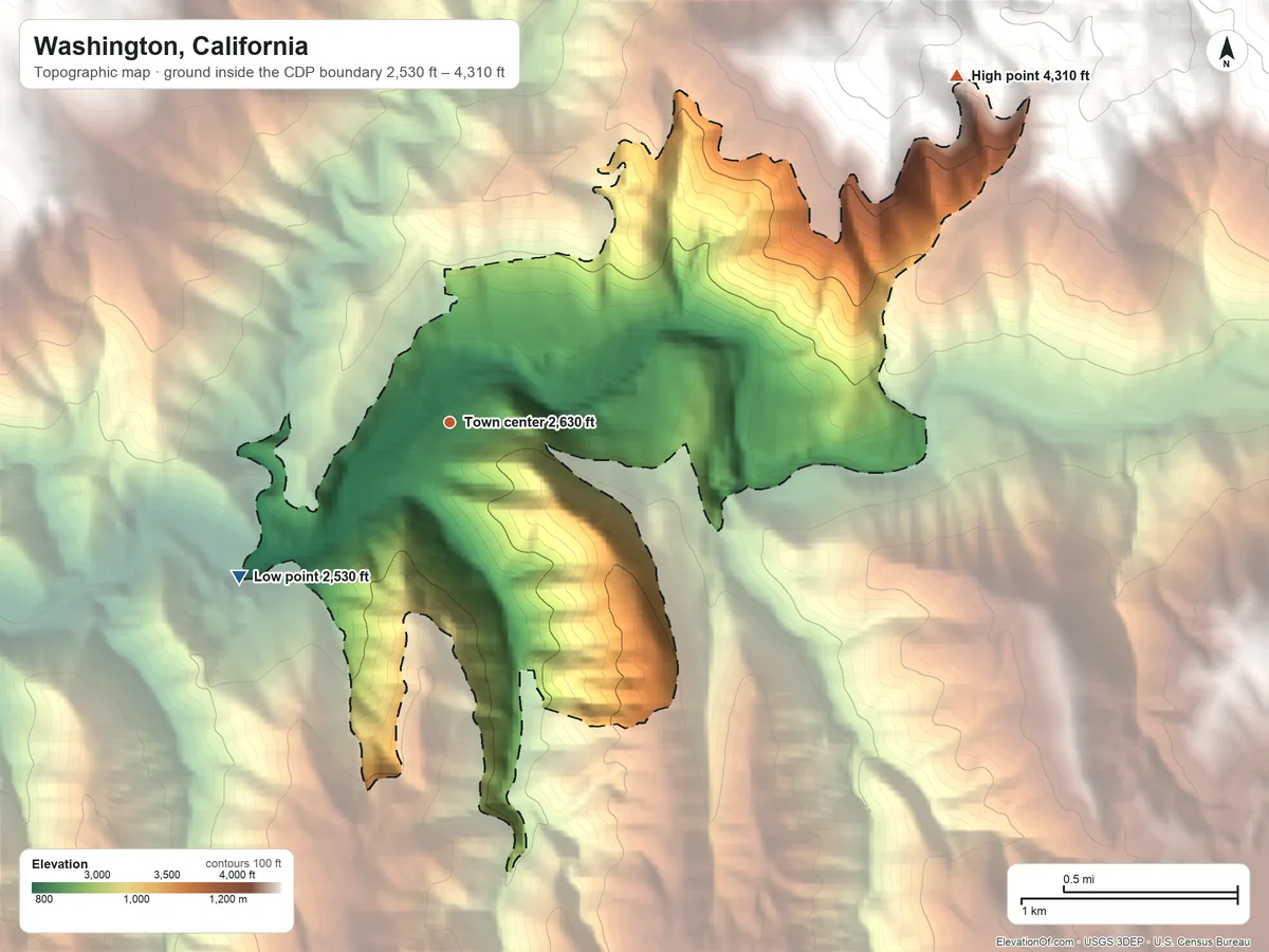 Topographic elevation map of Washington, California, shaded from 2,530 ft on the southwest side to 4,310 ft on the northeast edge, below higher ground just outside