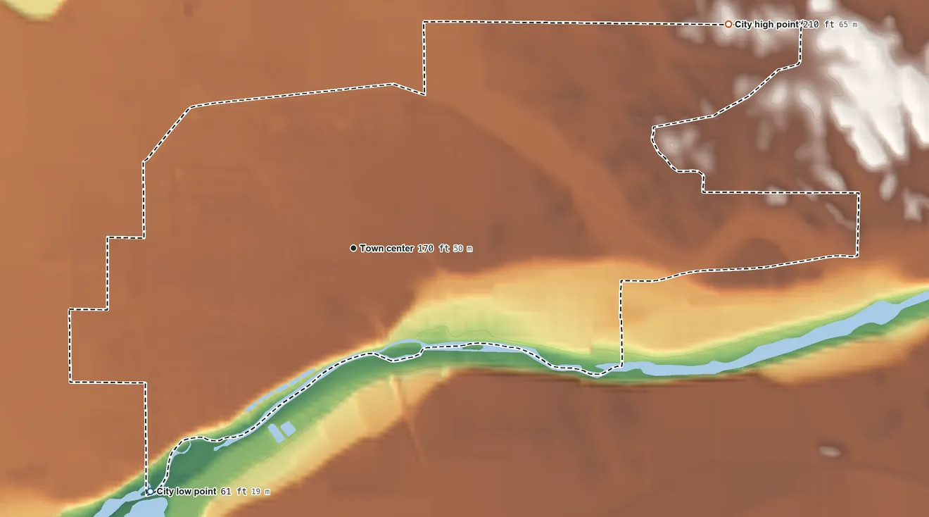 Topographic elevation map of Waterford, California, shaded from 61 ft on the southwest side to 210 ft on the northeast side