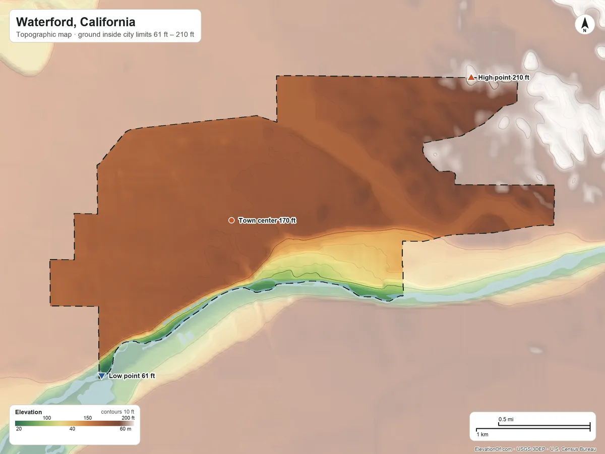 Topographic elevation map of Waterford, California, shaded from 61 ft on the southwest side to 210 ft on the northeast side