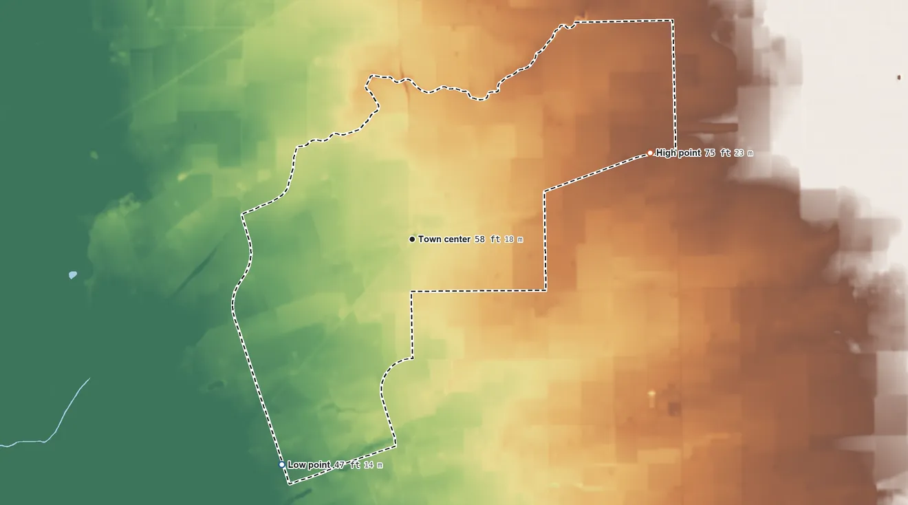 Topographic elevation map of Waterloo, California, shaded from 47 ft on the southwest side to 75 ft on the east side