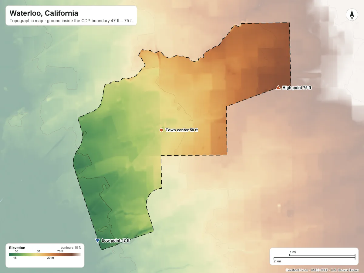 Topographic elevation map of Waterloo, California, shaded from 47 ft on the southwest side to 75 ft on the east side
