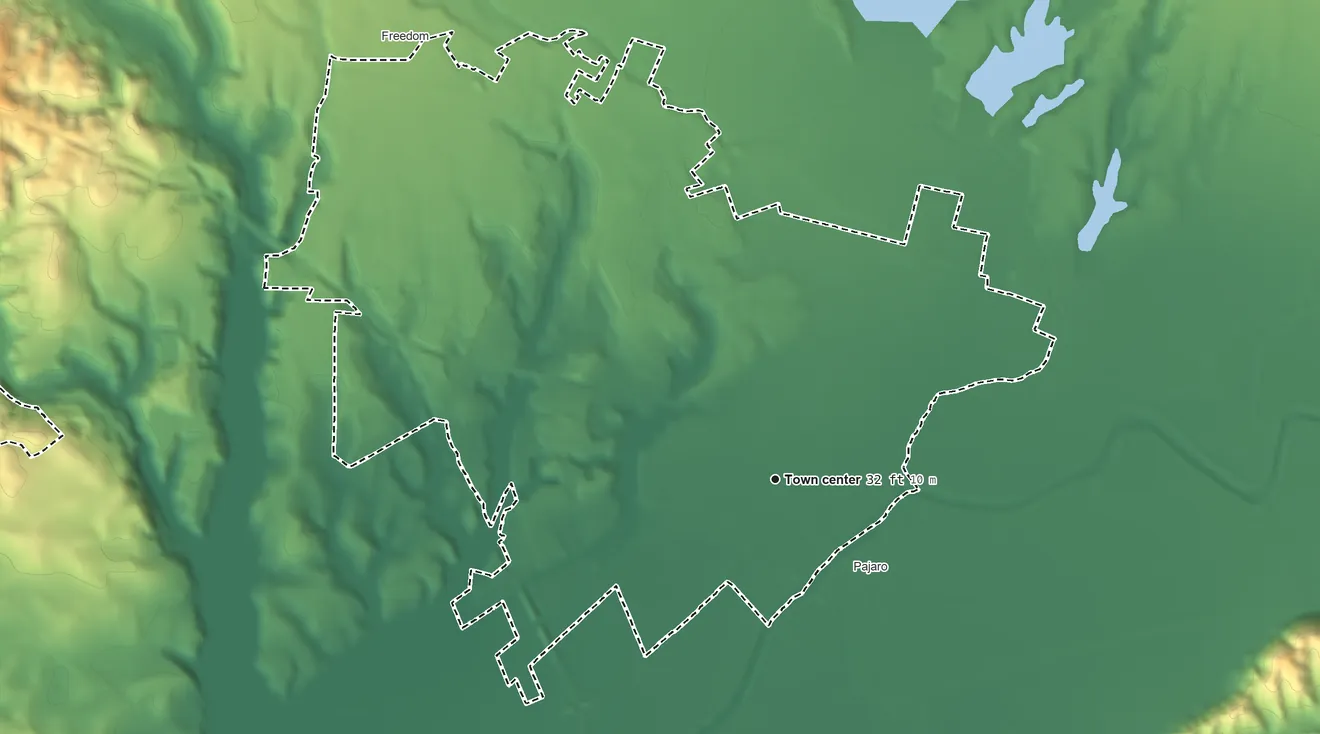 Topographic elevation map of Watsonville, California, shaded from 6 ft on the southwest side to 840 ft at the foot of the Sierra Azul