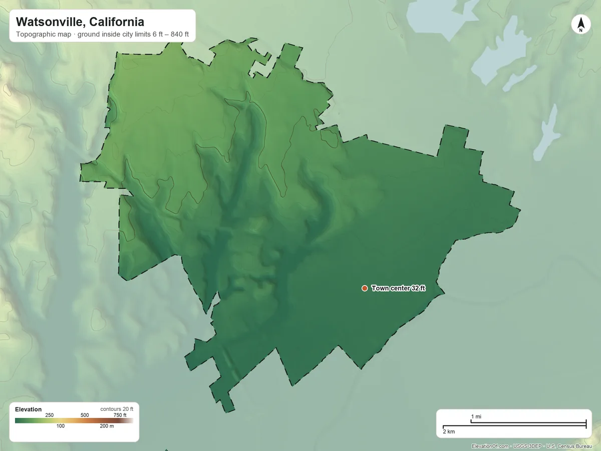Topographic elevation map of Watsonville, California, shaded from 6 ft on the southwest side to 840 ft at the foot of the Sierra Azul