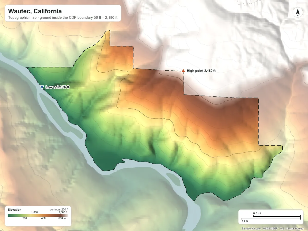 Topographic elevation map of Wautec, California, shaded from 56 ft on the west side to 2,180 ft at the foot of the Shelton Buttes