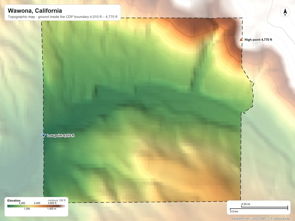 Topographic elevation map of Wawona, California, shaded from 4,010 ft on the southwest side to 4,770 ft at the foot of the Chowchilla Mountains