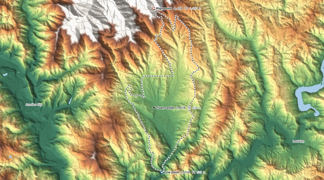 Topographic elevation map of Weaverville, California, shaded from 1,760 ft on the south side to 4,410 ft at the foot of the Trinity Alps