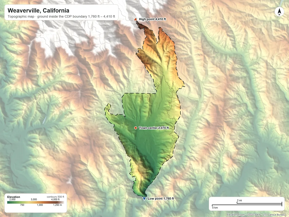 Topographic elevation map of Weaverville, California, shaded from 1,760 ft on the south side to 4,410 ft at the foot of the Trinity Alps