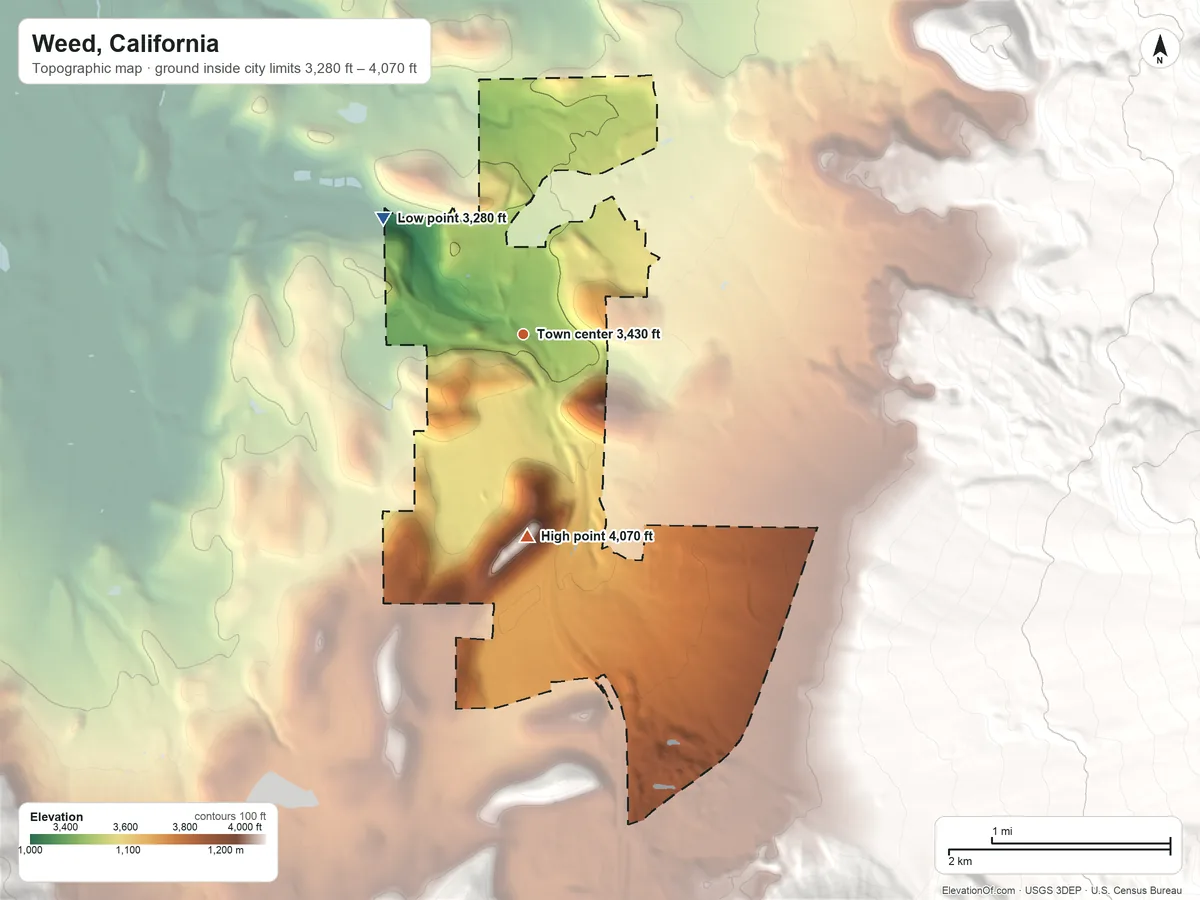 Topographic elevation map of Weed, California, shaded from 3,280 ft on the northwest side to 4,070 ft on the south side
