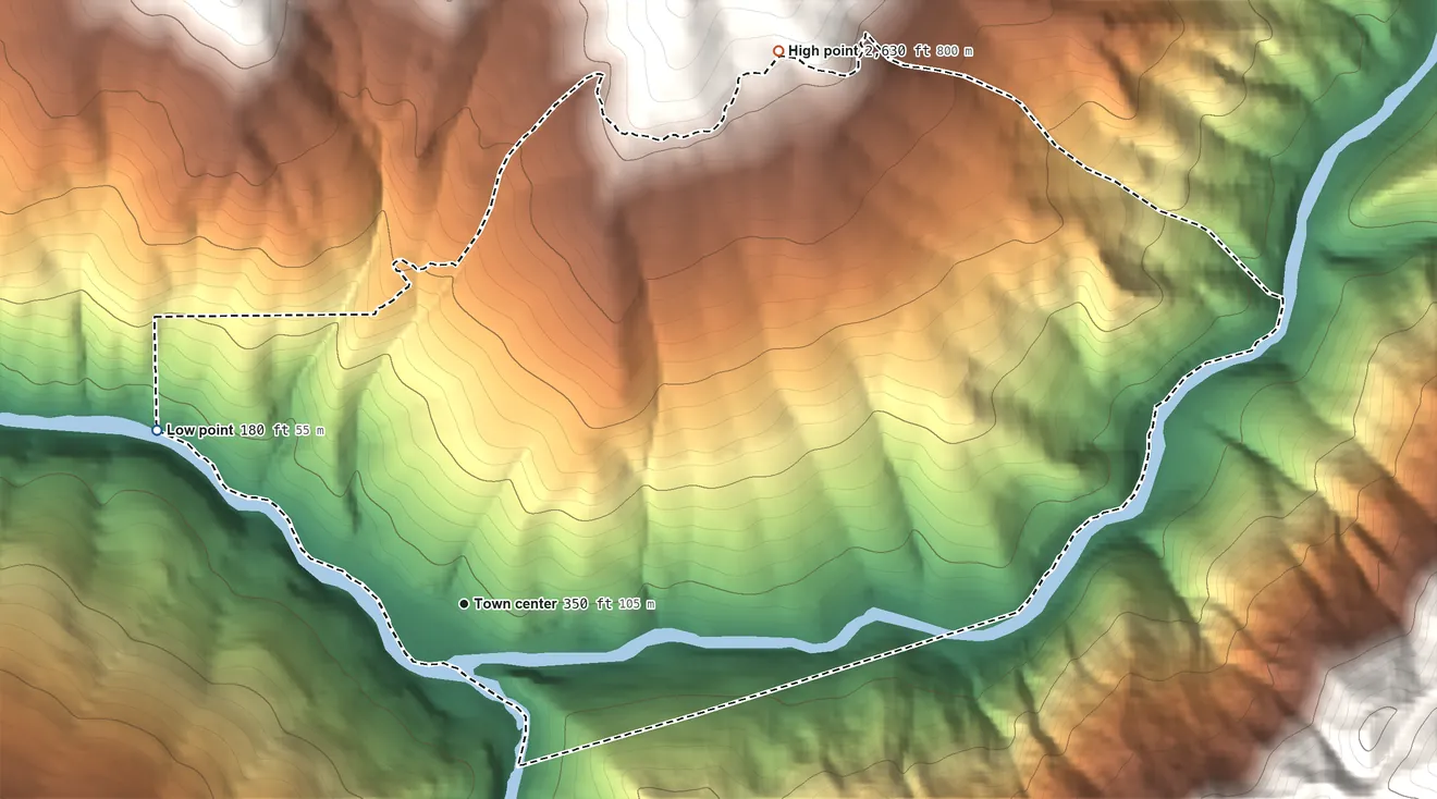 Topographic elevation map of Weitchpec, California, shaded from 180 ft on the northwest side to 2,630 ft at the foot of the Shelton Buttes