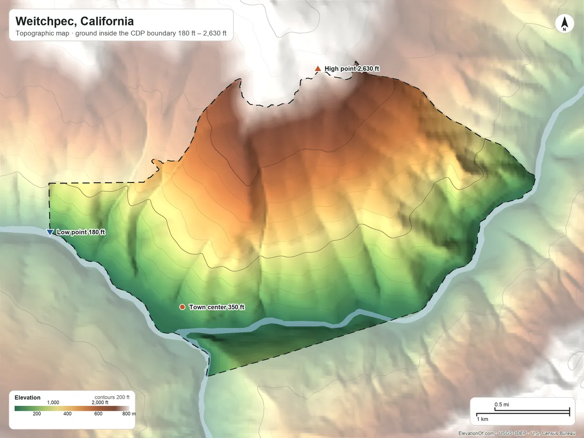 Topographic elevation map of Weitchpec, California, shaded from 180 ft on the northwest side to 2,630 ft at the foot of the Shelton Buttes