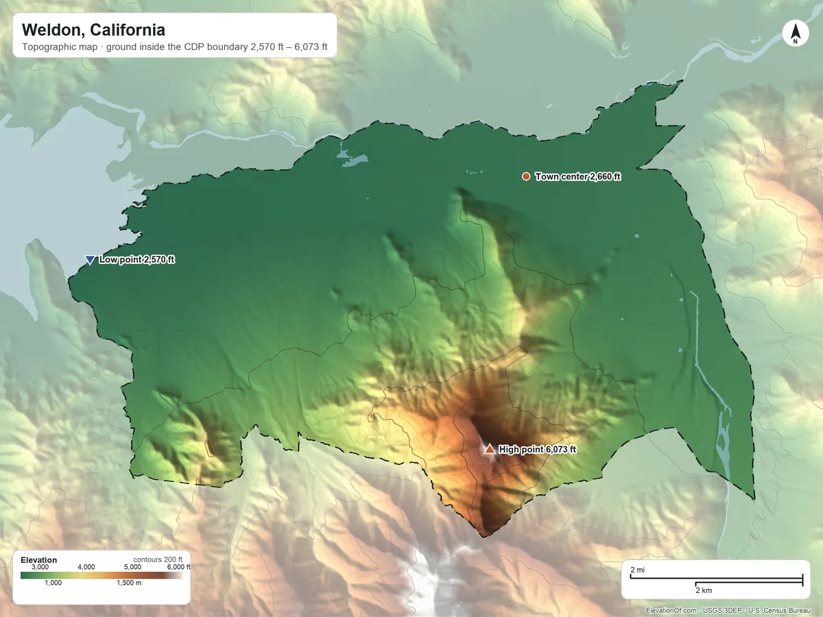 Topographic elevation map of Weldon, California, shaded from 2,570 ft on the west side to 6,073 ft on Nicolls Peak