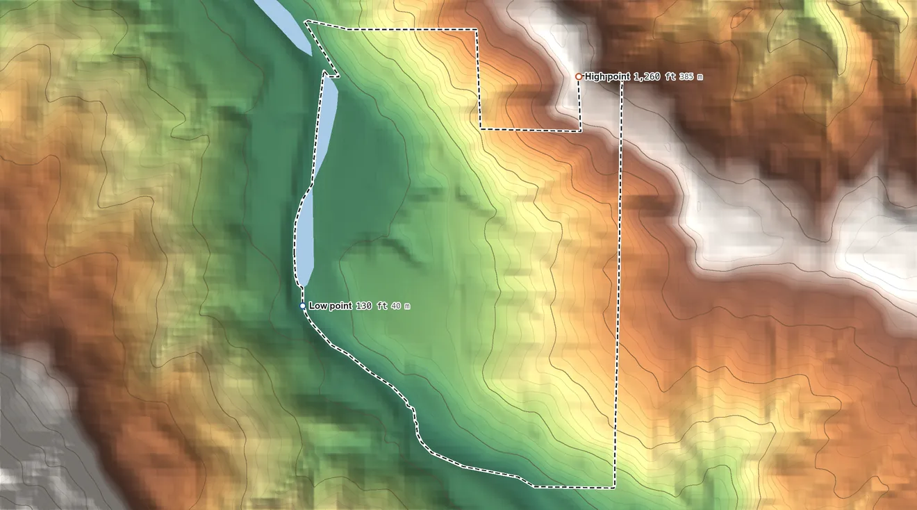 Topographic elevation map of Weott, California, shaded from 130 ft on the west side to 1,260 ft at the foot of the Chalk Mountains