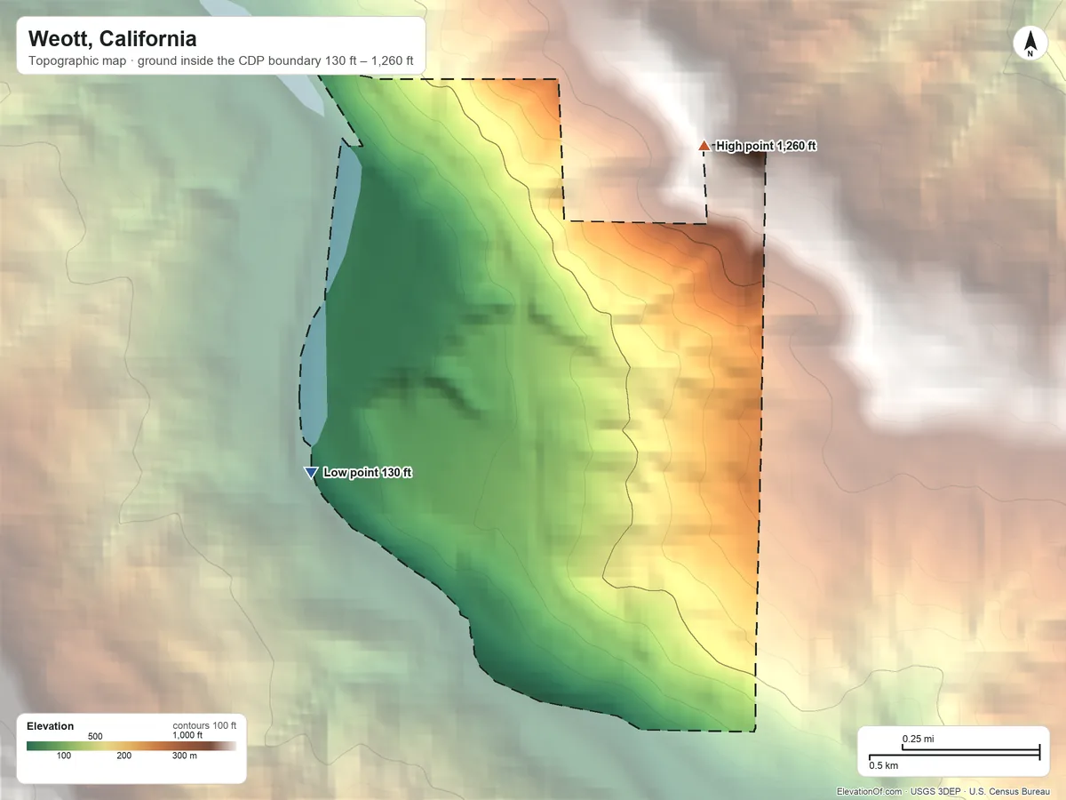 Topographic elevation map of Weott, California, shaded from 130 ft on the west side to 1,260 ft at the foot of the Chalk Mountains