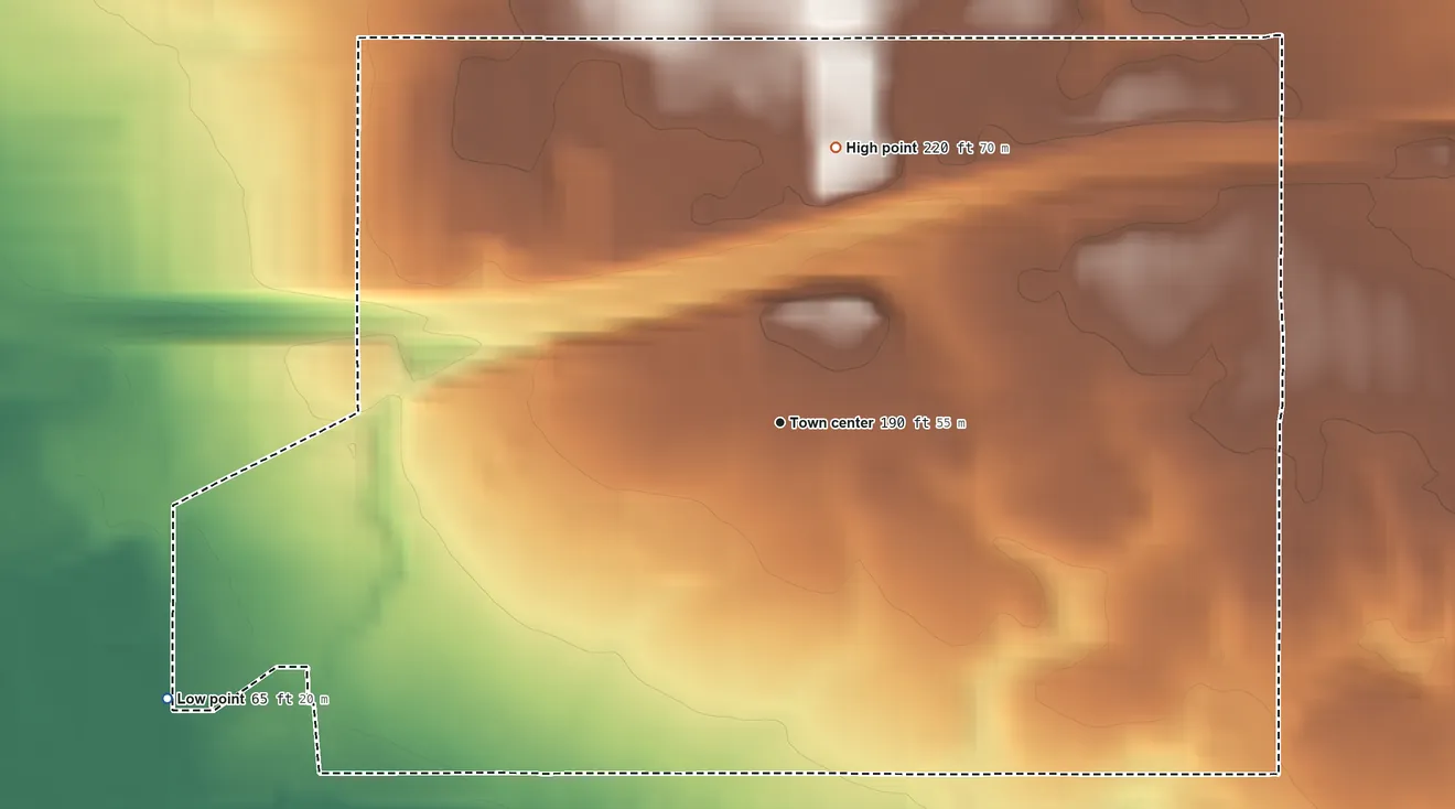 Topographic elevation map of West Athens, California, shaded from 65 ft on the southwest side to 220 ft on the north side
