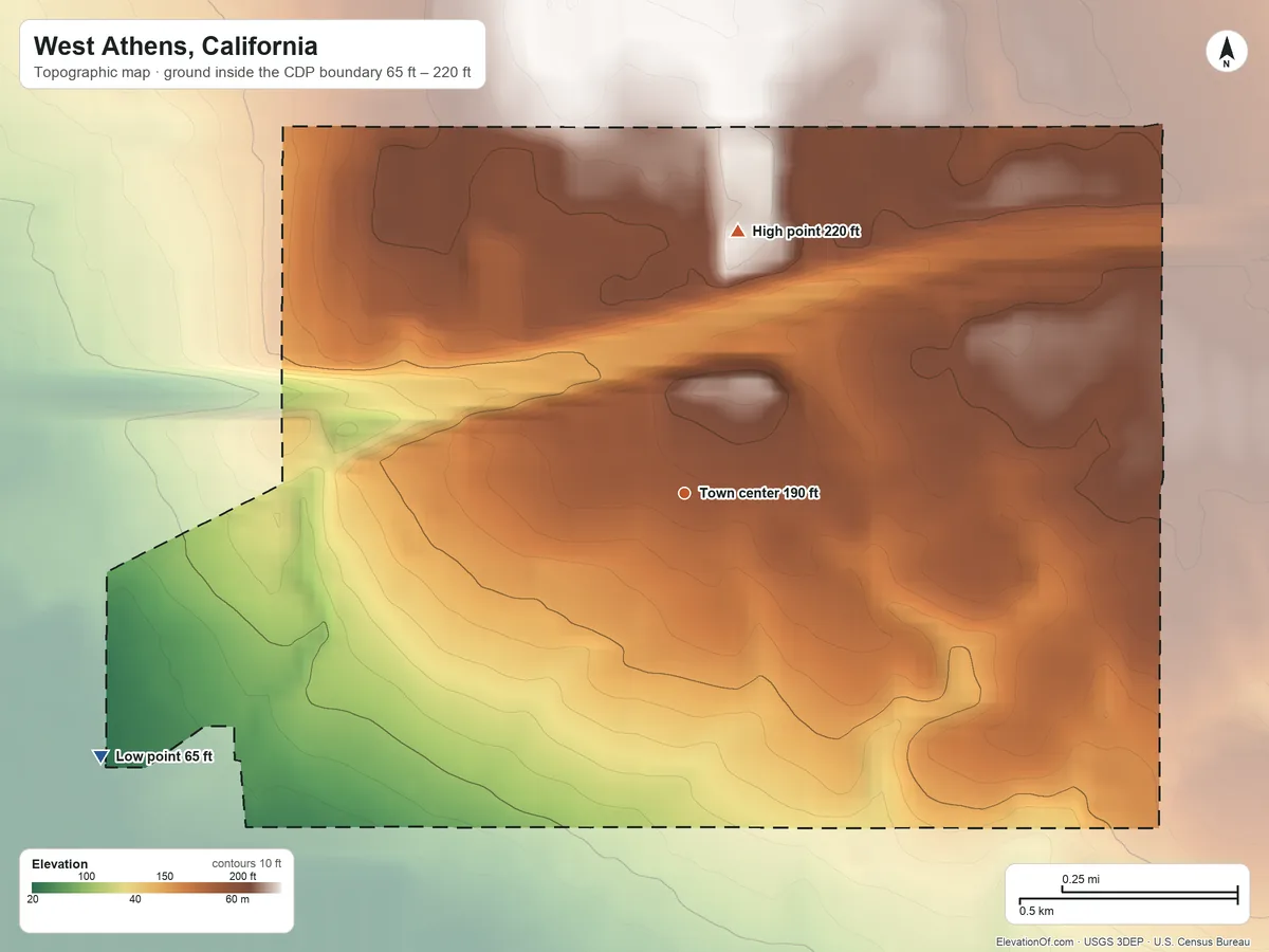 Topographic elevation map of West Athens, California, shaded from 65 ft on the southwest side to 220 ft on the north side